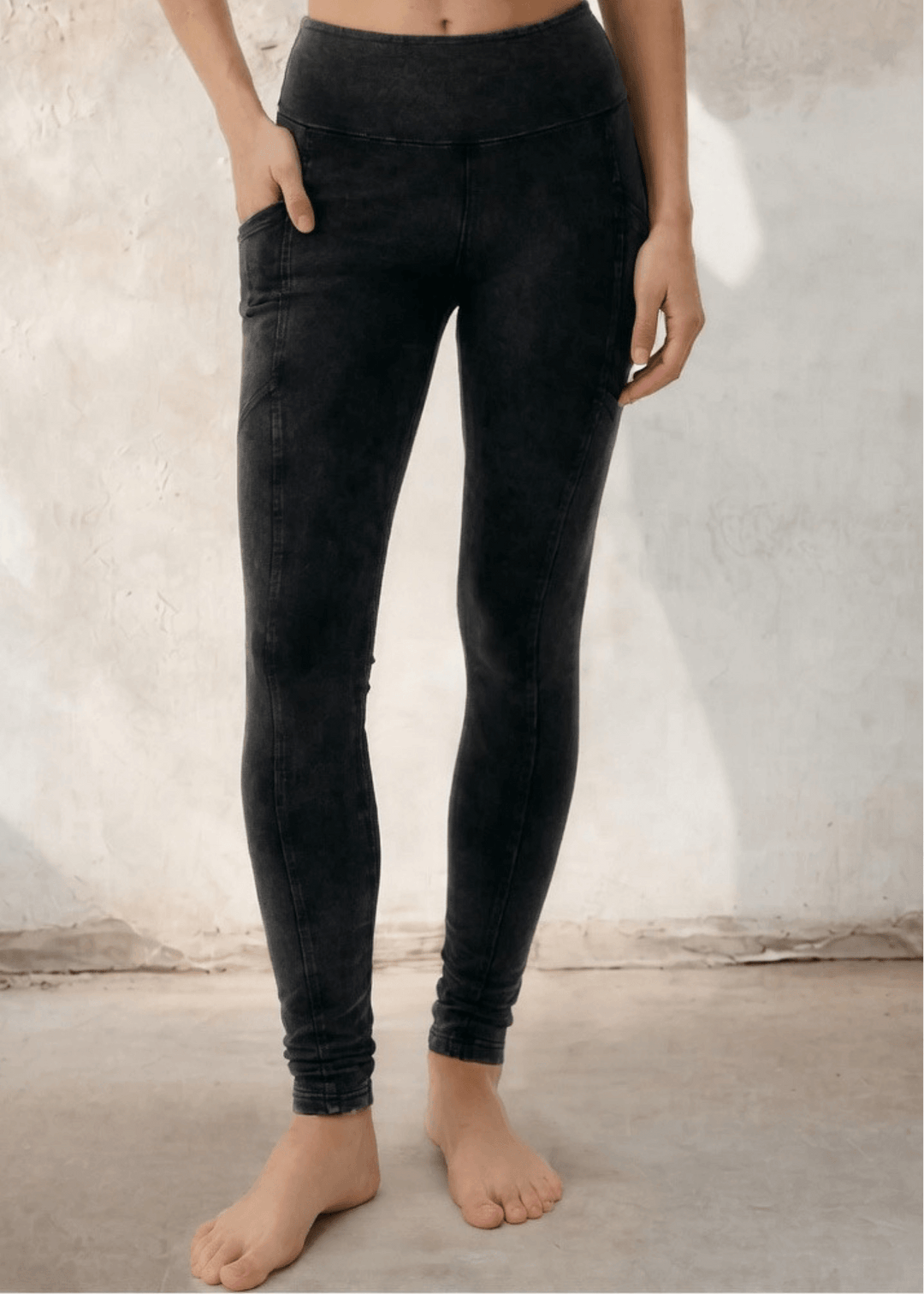 Made in USA Women's Tummy Control Wide Waistband Cotton Spandex Garment Washed Solid Leggings with Large Side Pockets in Mineral Washed Black | Classy Cozy Cool Made in America Boutique