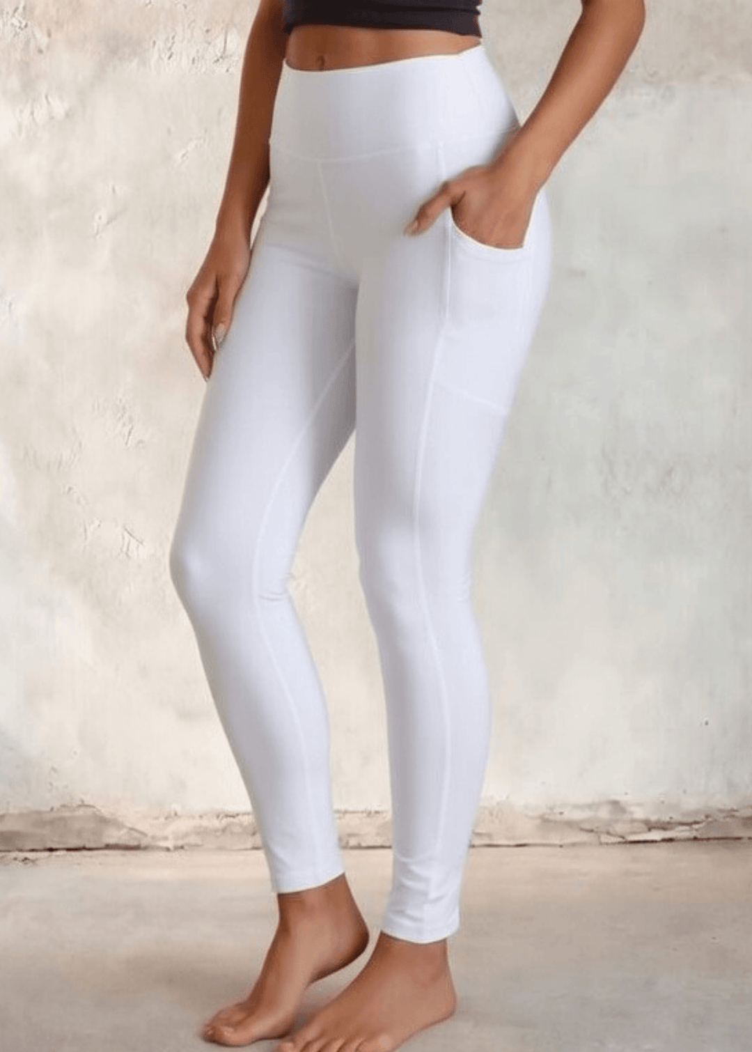 Made in USA Women's Tummy Control Wide Waistband Cotton Spandex Garment Washed Solid Leggings with Large Side Pockets in Solid White | Classy Cozy Cool Made in America Boutique