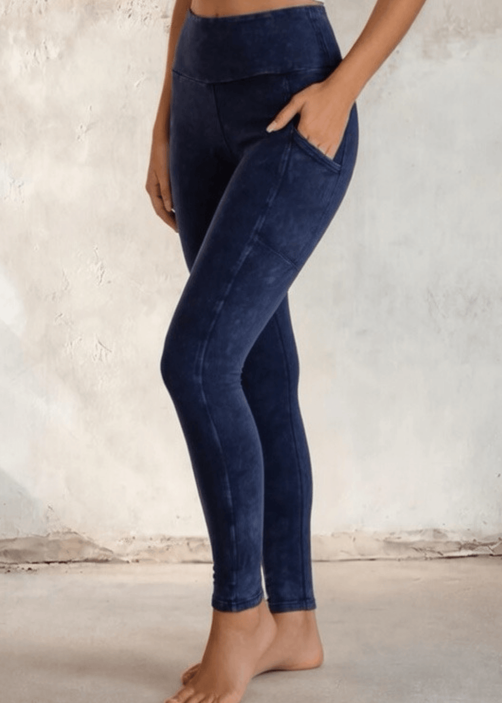 Made in USA Women's Tummy Control Wide Waistband Cotton Spandex Garment Washed Solid Leggings with Large Side Pockets in Mineral Washed Dark Denim | Classy Cozy Cool Made in America Boutique