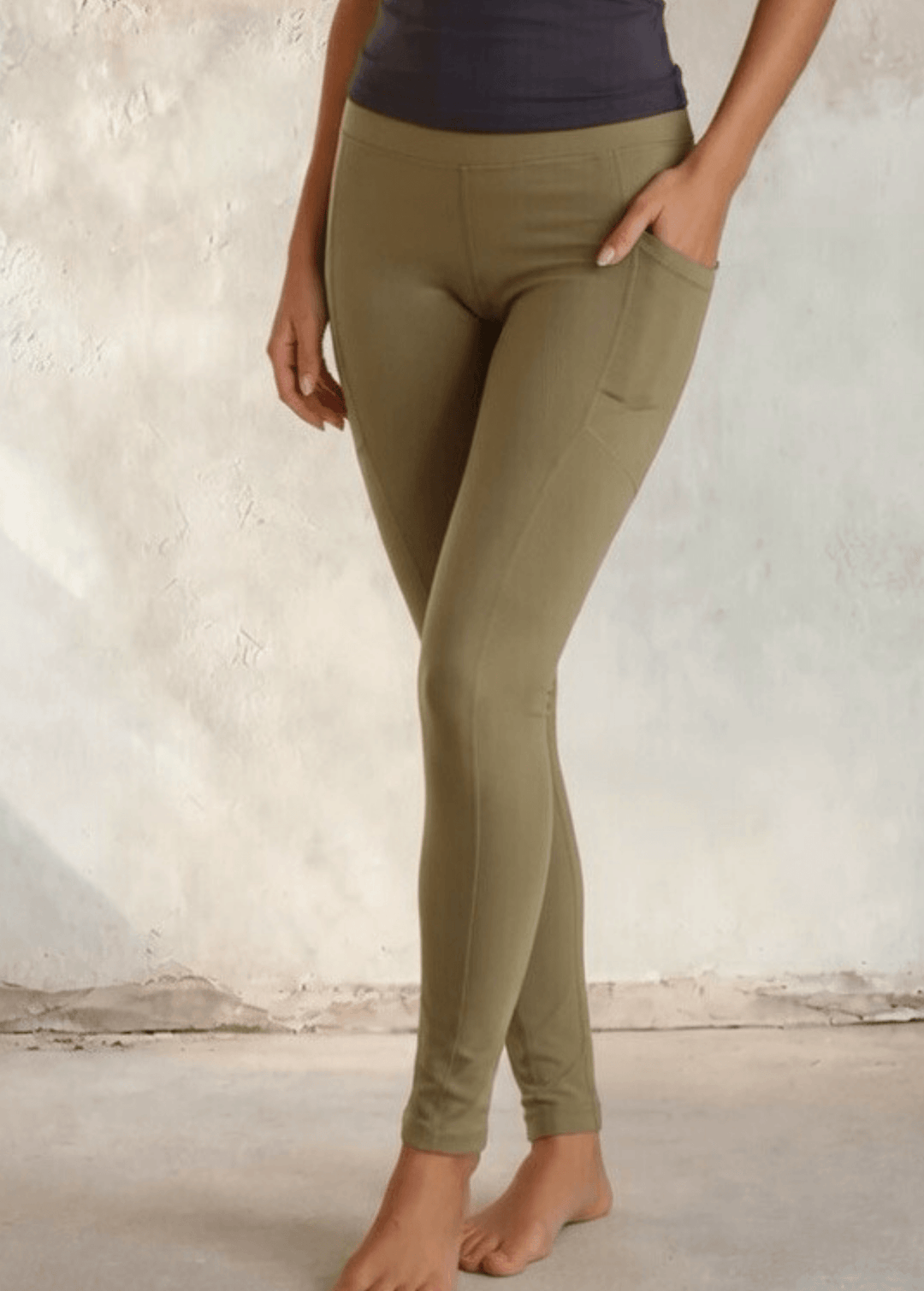 Made in USA Women's Tummy Control Wide Waistband Cotton Spandex Garment Washed Solid Leggings with Large Side Pockets in Solid Beige | Classy Cozy Cool Made in America Boutique