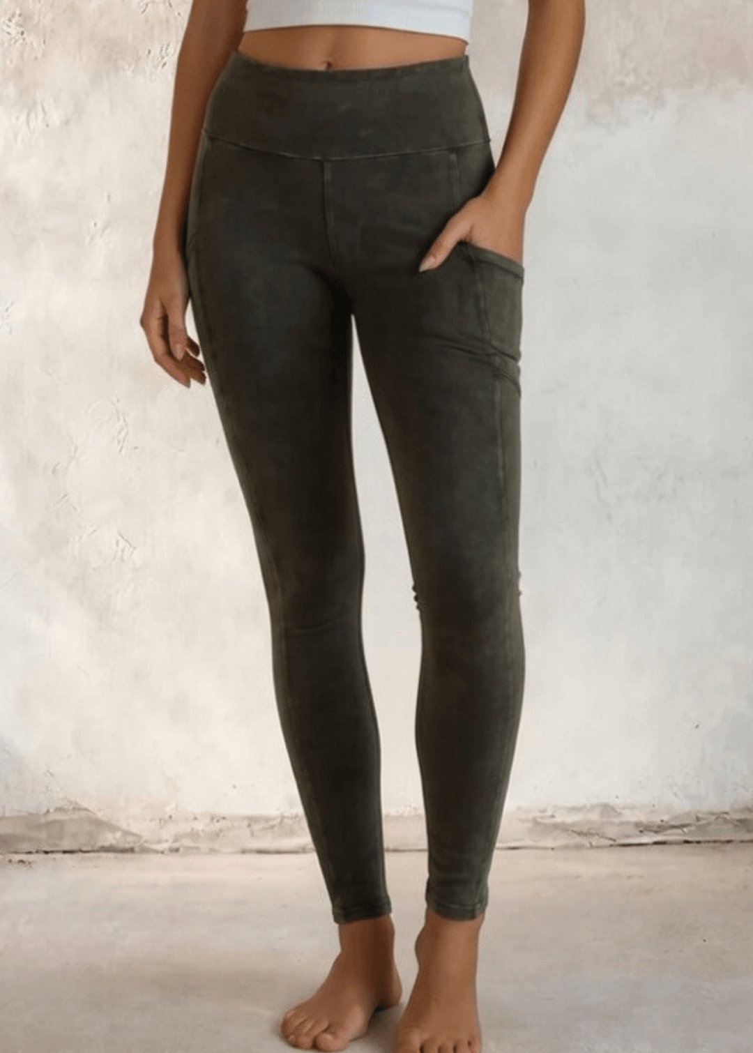 Made in USA Women's Tummy Control Wide Waistband Cotton Spandex Garment Washed Solid Leggings with Large Side Pockets in Mineral Washed Dark Moss Green | Classy Cozy Cool Made in America Boutique