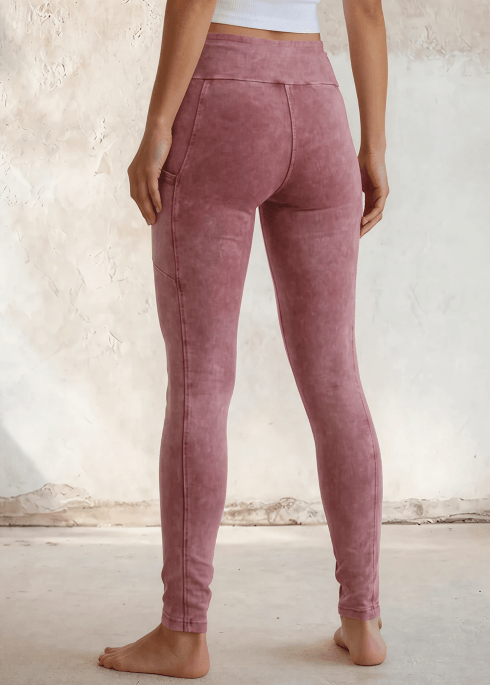 Made in USA Women's Tummy Control Wide Waistband Cotton Spandex Mineral Washed Leggings with Large Side Pockets | Classy Cozy Cool Made in America Boutique