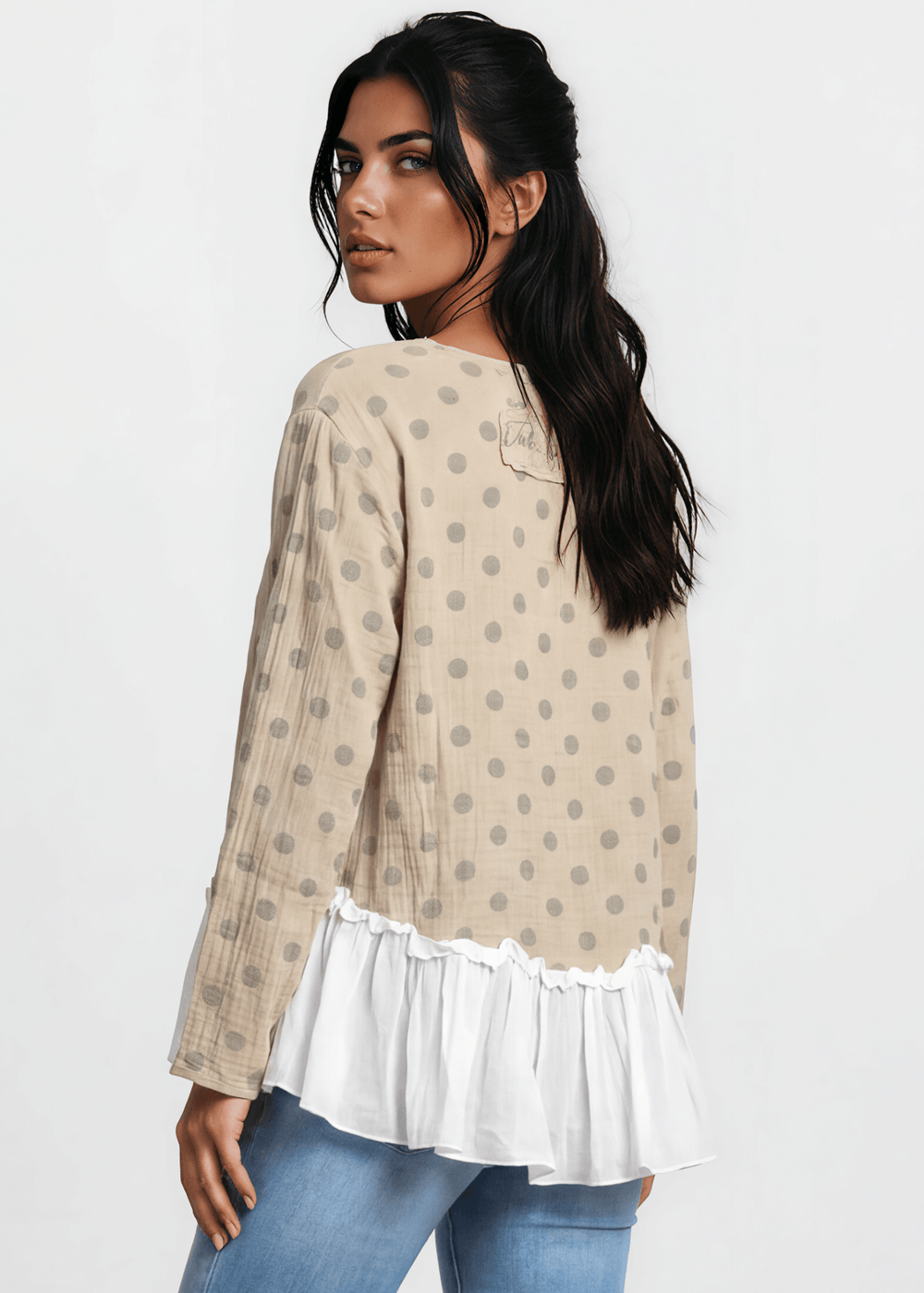 Made in USA Jaded Gypsy Looking Back Top, Women's Polka Dot Flounce Ruffle Oversized Flowy Fit Tow in High/Low Design, Taupe and White,  Long Sleeves, 100% Cotton 