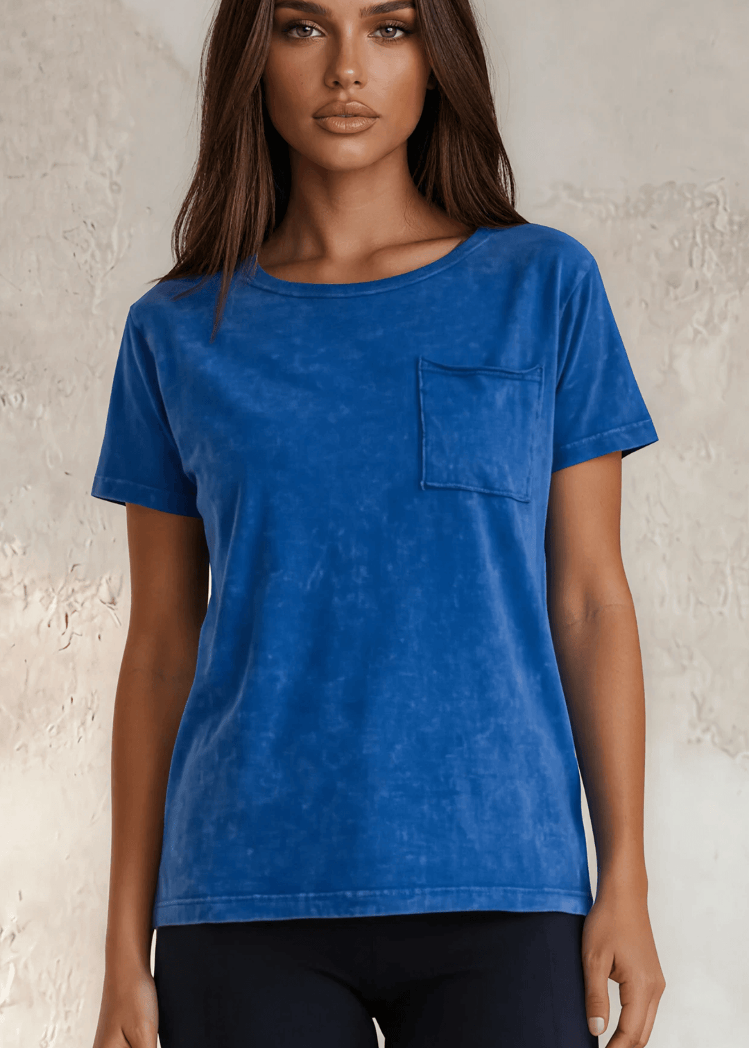 Made in USA, Jessie Tee, Women's Relaxed Fit Cotton Mineral Washed Pocket T-Shirt in Royal Blue with Wide Round Neckline | Classy Cozy Cool Made in America Boutique 