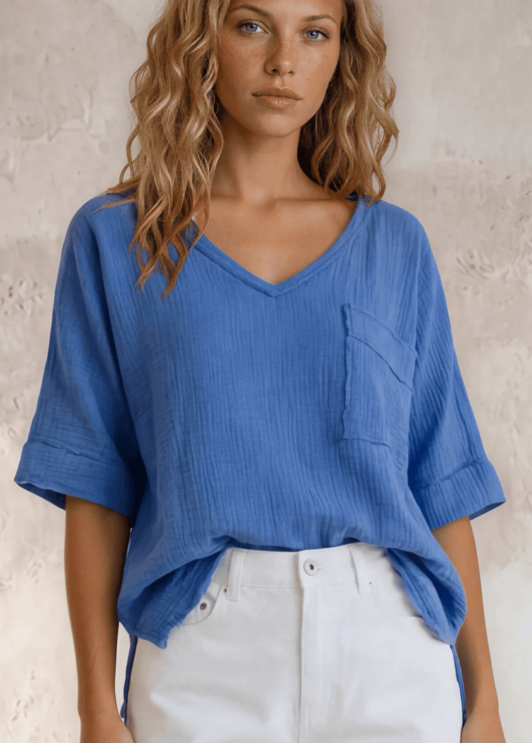 Made in USA Women's V-Neck, Raw Edge Detail, Short Cuffed Sleeves, Textured 100% Cotton Double Gauze Top in Denim Blue | Classy Cozy Cool Made in America Boutique