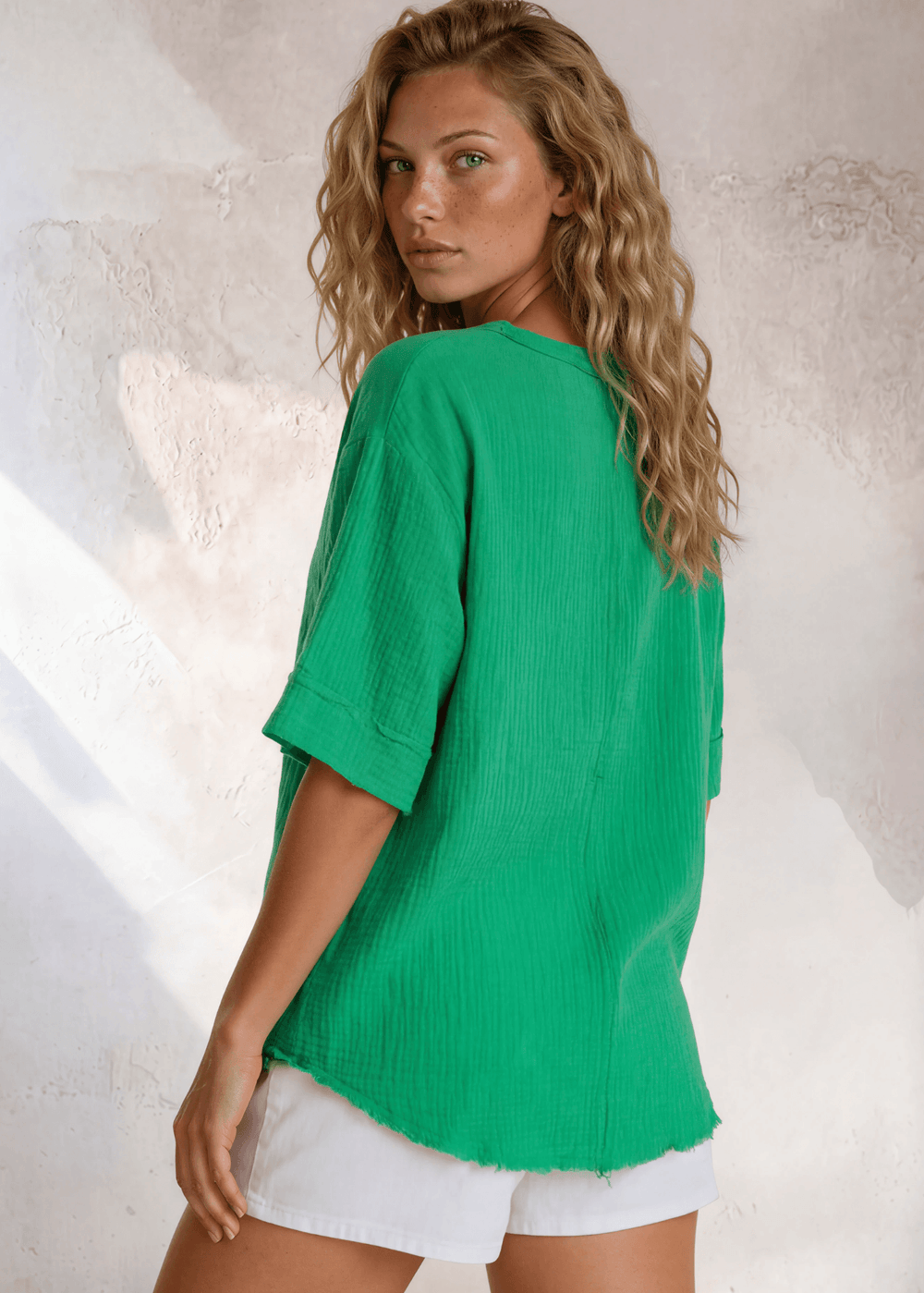 Made in USA Women's V-Neck, Raw Edge Detail, Short Cuffed Sleeves, Textured 100% Cotton Double Gauze Top in Kelly Green | Classy Cozy Cool Made in America Boutique