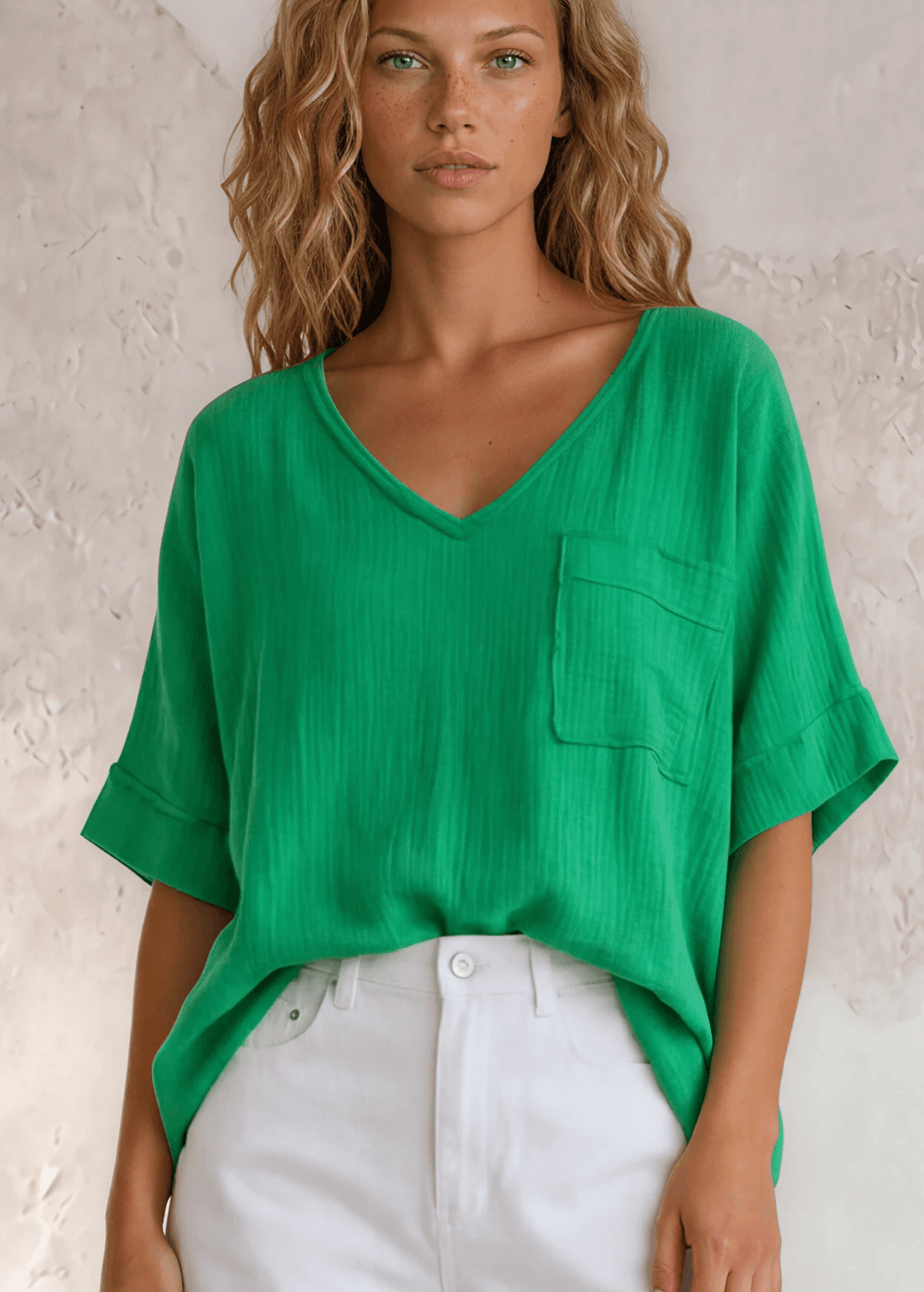 Made in USA Women's V-Neck, Raw Edge Detail, Short Cuffed Sleeves, Textured 100% Cotton Double Gauze Top in Kelly Green | Classy Cozy Cool Made in America Boutique