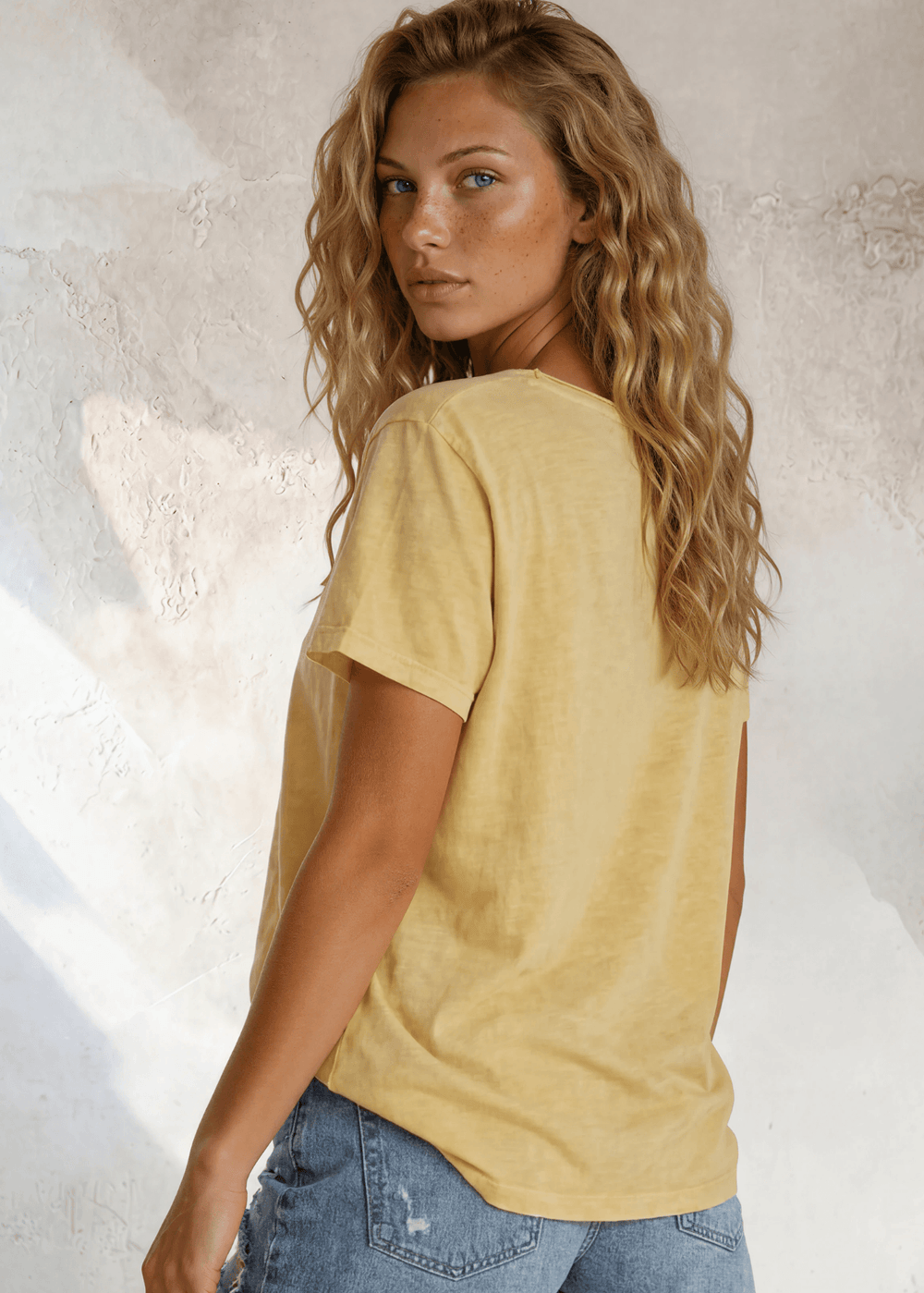 Made in USA, Jessie Tee, Women's Relaxed Fit Cotton Mineral Washed Pocket T-Shirt in Apricot Yellow with Wide Round Neckline | Classy Cozy Cool Made in America Boutique