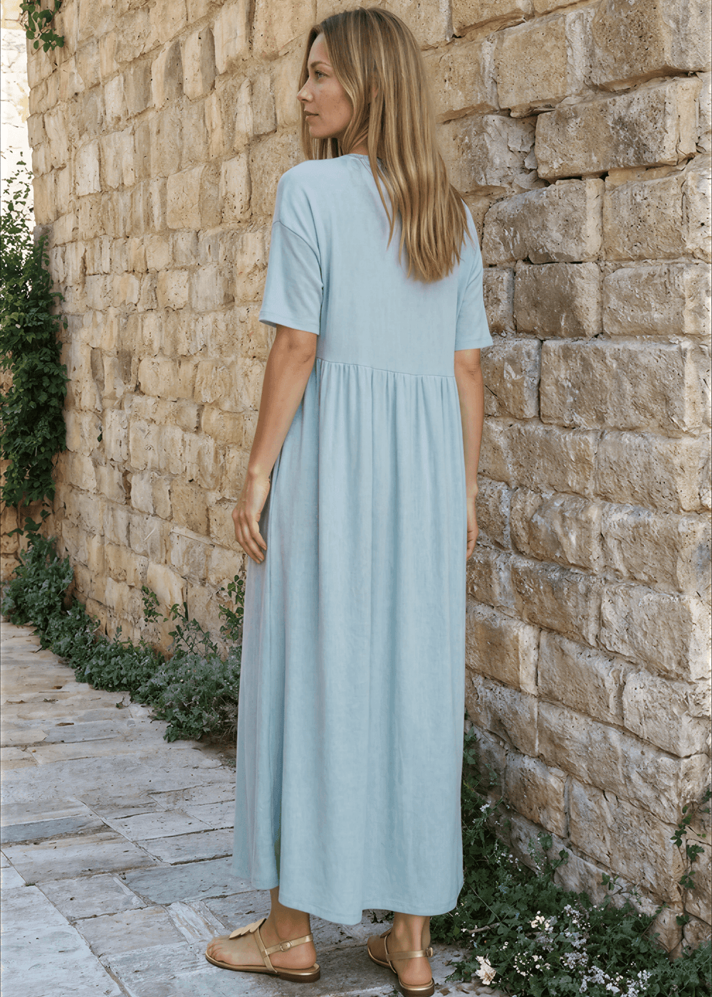 Women's Effortlessly chic dusty mint midi dress in soft tri-blend fabric. Relaxed flowy fit, perfect for work or weekends. Made in USA. Sizes S-XL.