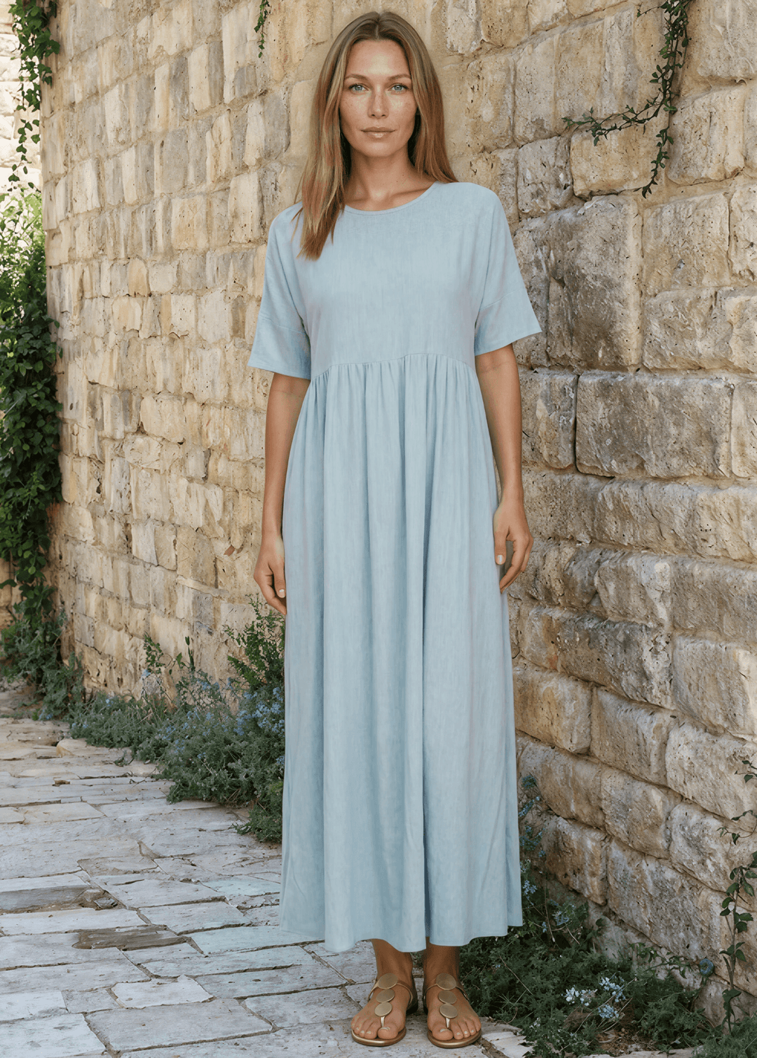 Women's Effortlessly chic dusty mint midi dress in soft tri-blend fabric. Relaxed flowy fit, perfect for work or weekends. Made in USA. Sizes S-XL.