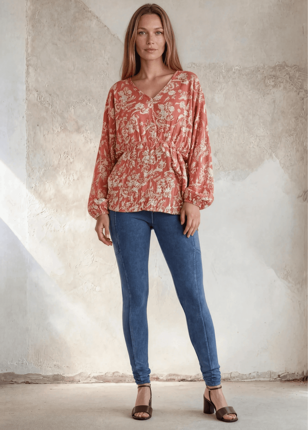 Rose Floral Print Peasant Blouse | V-Neck Long Sleeve | Made in USA, Soft &amp; flowy rose floral peasant blouse with V-neck, long sleeves &amp; elastic waist. 100% rayon, relaxed blousy fit. Made in USA. Sizes S-L.
