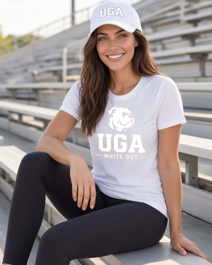 UGA White Out gameday graphic crew neck tee in white. 100% cotton, tone-on-white bulldog graphic, made in USA. Sizes S–3XL.