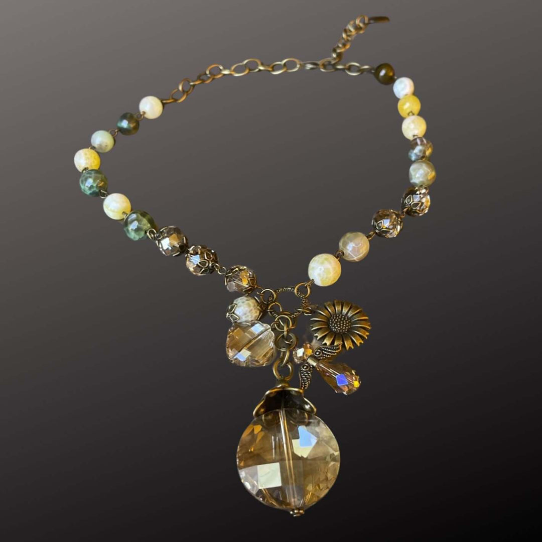 Ladies Sunflower Charm Natural Stone Pendant Beaded Necklace & Matching Bracelet. Handmade in USA, This beautiful piece has an adjustable clasp.