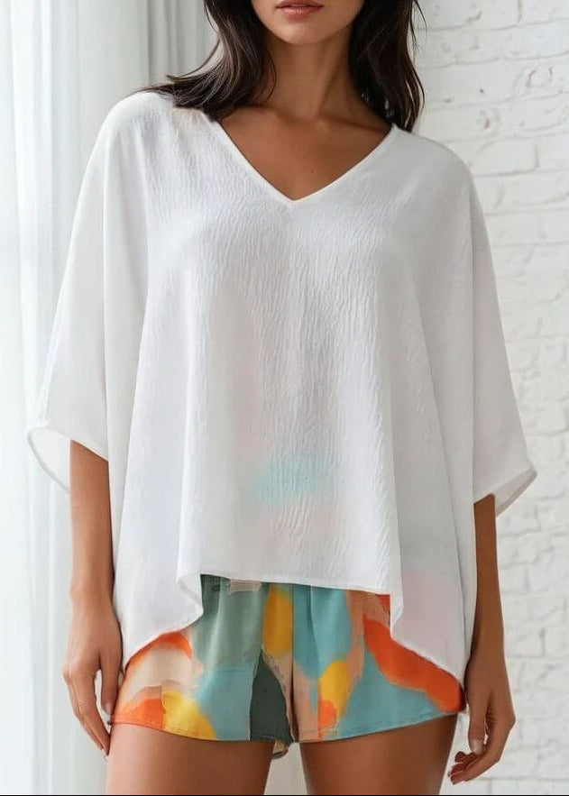 Made in USA, Claire V-Neck Caftan Women's Top in Bright White Paired with Tropical Colors Abstract Print Shorts. . 