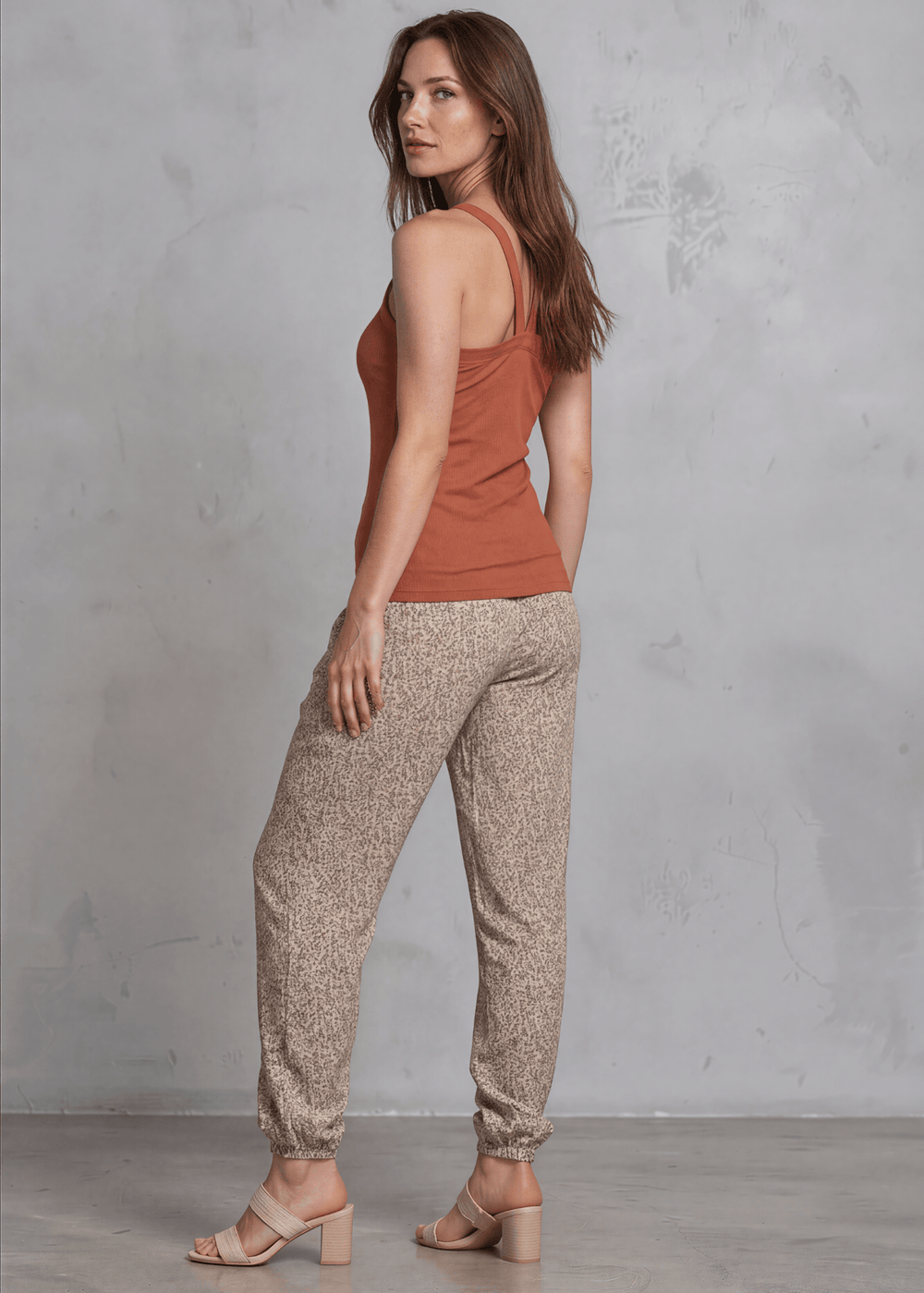 Made in USA Women's Taupe Floral Relaxed Fit Jogger Style Pants | Bucket List Clothing Style# P5074 Dark Green and Gingerbread Floral Accents