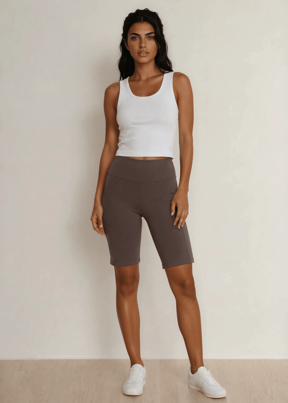Made in USA Women's Perfect Fit Premium Tummy Control, Fitted  Walking Shorts, Large Side Pockets, Wide Waistband, Long Length in Taupe  | 95% Cotton 5% Spandex | Style C30731 | Classy Cozy Cool Made in America Clothing