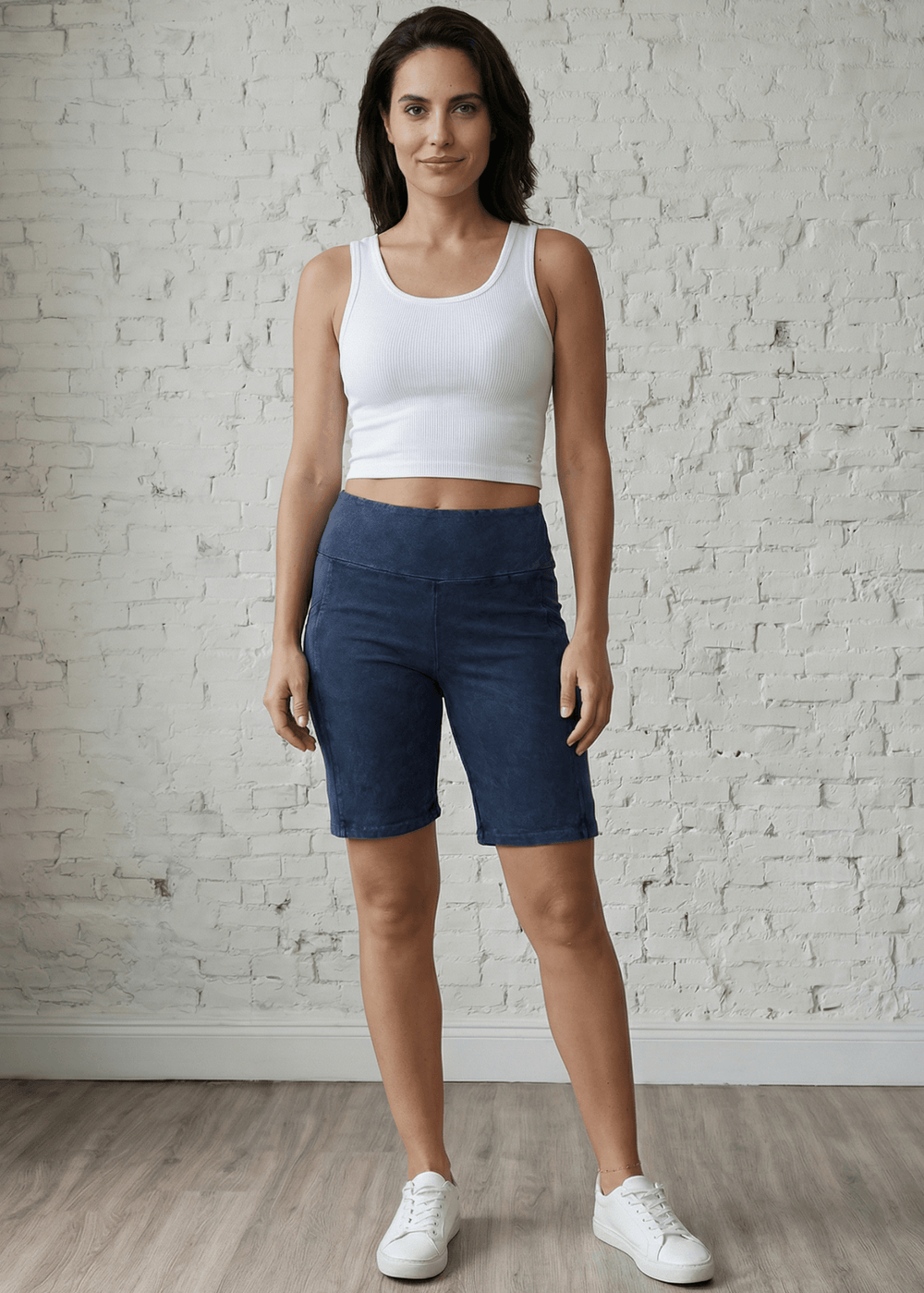 Made in USA Women's Perfect Fit Premium Tummy Control, Fitted  Walking Shorts, Large Side Pockets, Wide Waistband, Long Length in Dark Blue Denim | 95% Cotton 5% Spandex | Style C30731 | Classy Cozy Cool Made in America Clothing