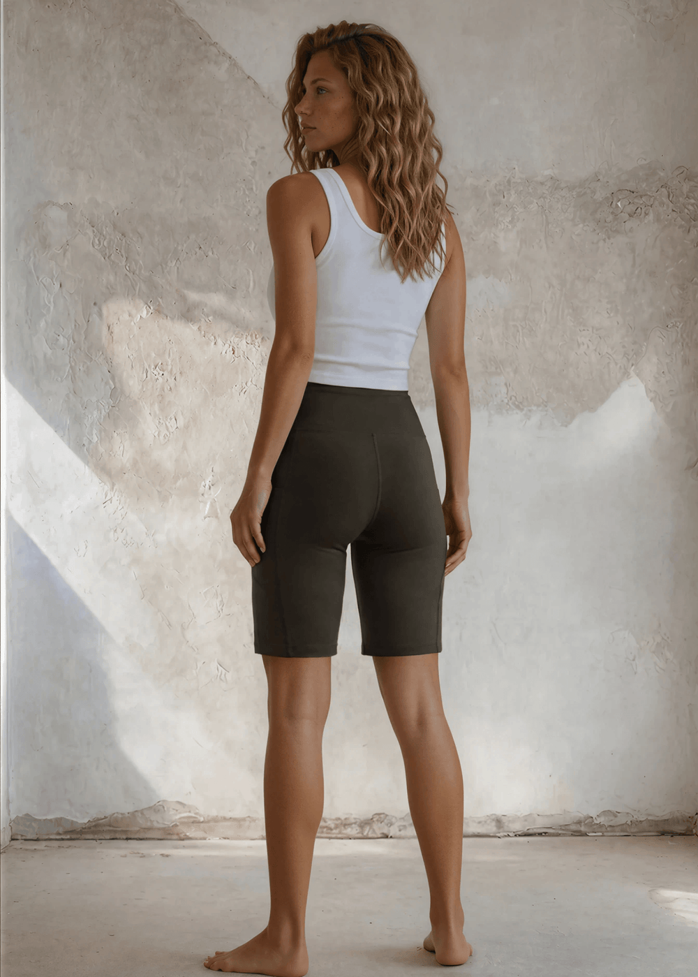 Made in USA Women's Perfect Fit Premium Tummy Control, Fitted  Walking Shorts, Large Side Pockets, Wide Waistband, Long Length in Dark Moss Green | 95% Cotton 5% Spandex | Style C30731 | Classy Cozy Cool Made in America Clothing