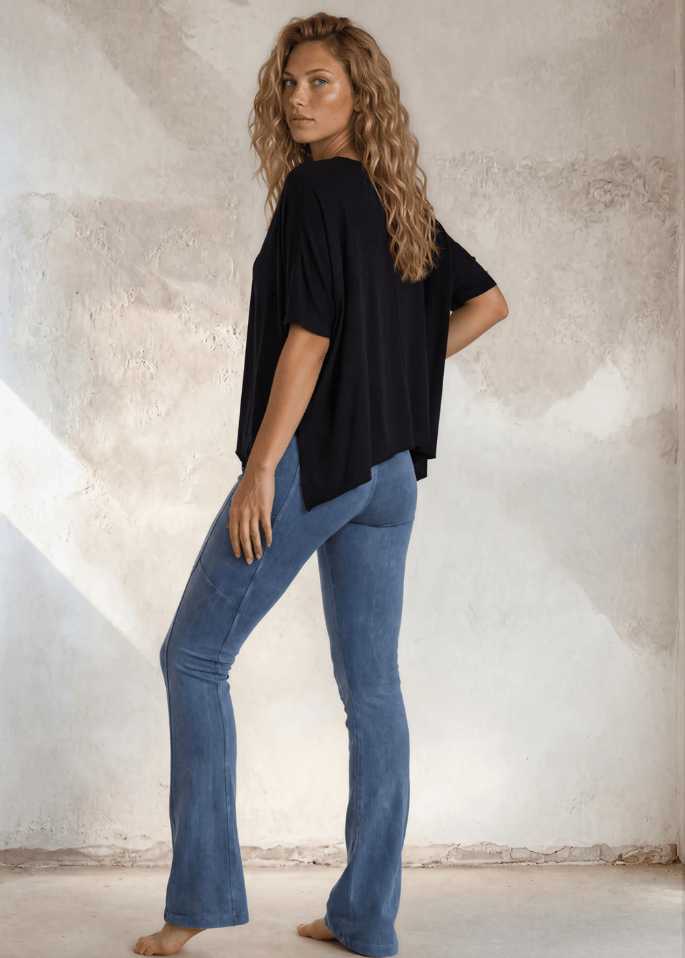 Made in USA Women's Perfect Fit Tummy Control High Rise Wide Waistband Cotton Spandex Mineral Washed Bootcut Leggings with Large Side Pockets in Light Denim | Classy Cozy Cool Made in America Boutique