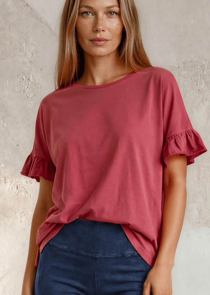 USA Made Premium 100% Cotton Super Soft Mineral Washed Oversized Ladies Tee with   Ruffle Sleeves in Southwest Red or Charcoal Gray | Classy Cozy Cool Made in America Clothing Boutique