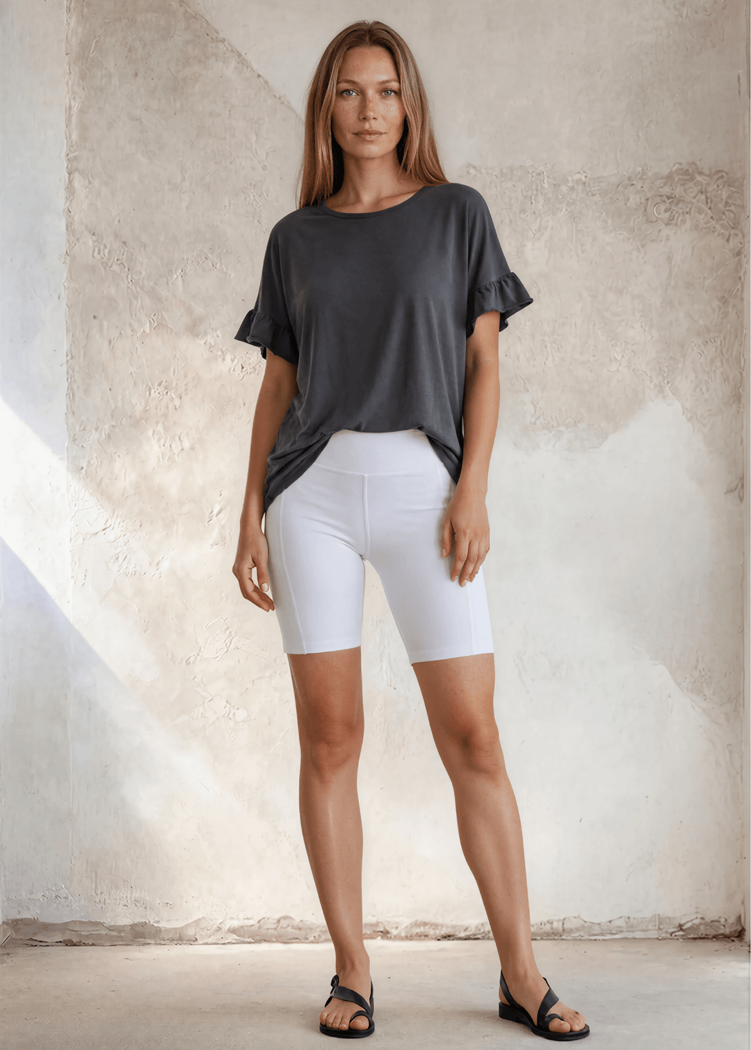 USA Made Premium 100% Cotton Super Soft Mineral Washed Oversized Ladies Tee with   Ruffle Sleeves in Southwest Red or Charcoal Gray | Classy Cozy Cool Made in America Clothing Boutique