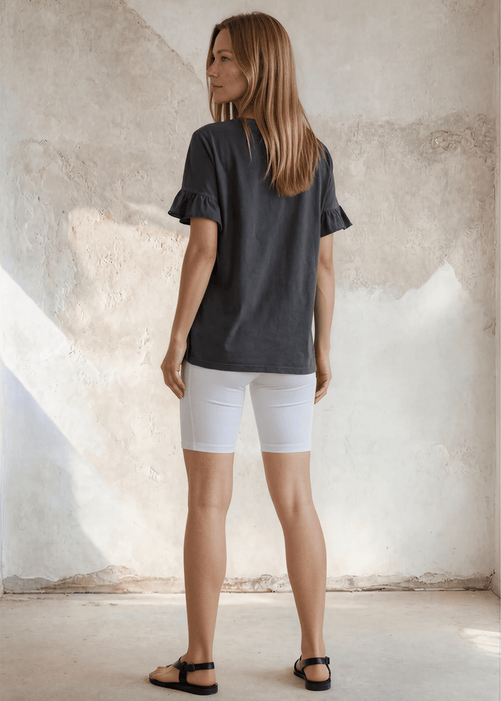 USA Made Premium 100% Cotton Super Soft Mineral Washed Oversized Ladies Tee with   Ruffle Sleeves in Southwest Red or Charcoal Gray | Classy Cozy Cool Made in America Clothing Boutique