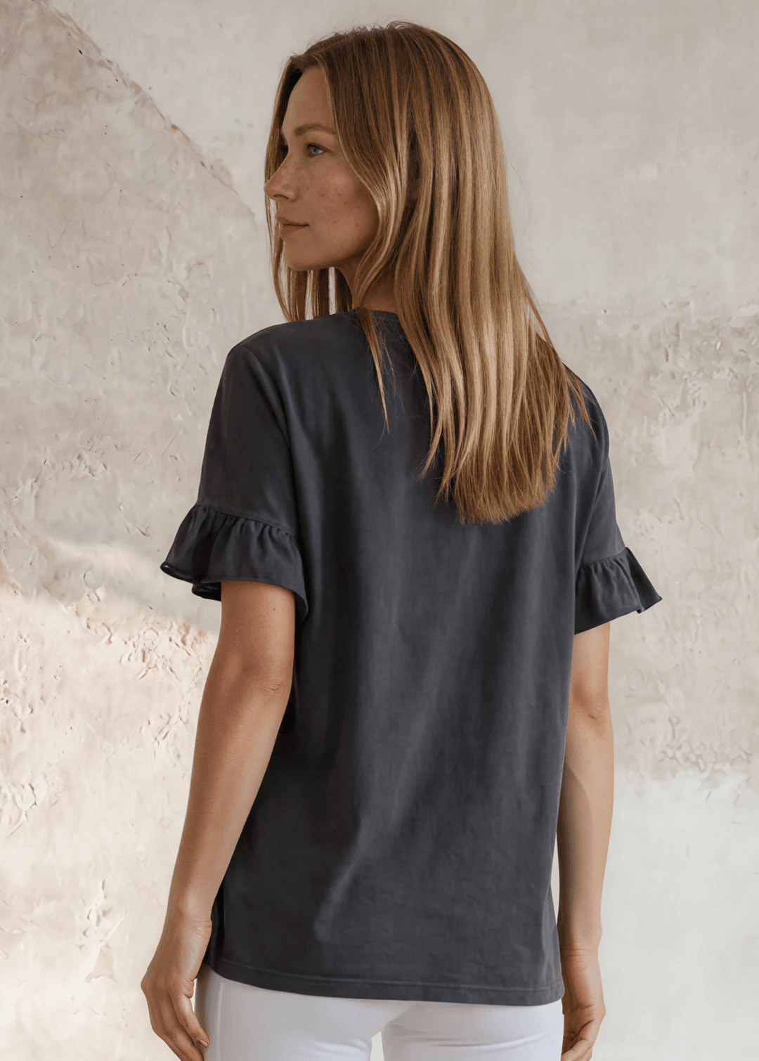 USA Made Premium 100% Cotton Super Soft Mineral Washed Oversized Ladies Tee with   Ruffle Sleeves in Southwest Red or Charcoal Gray | Classy Cozy Cool Made in America Clothing Boutique