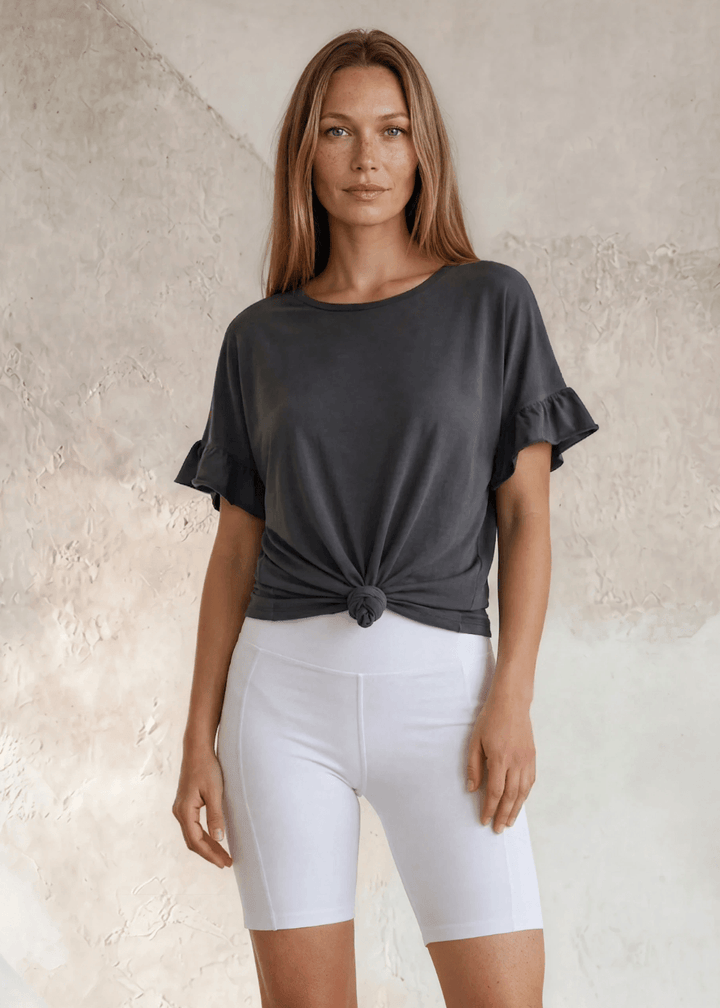 USA Made Premium 100% Cotton Super Soft Mineral Washed Oversized Ladies Tee with   Ruffle Sleeves in Southwest Red or Charcoal Gray | Classy Cozy Cool Made in America Clothing Boutique