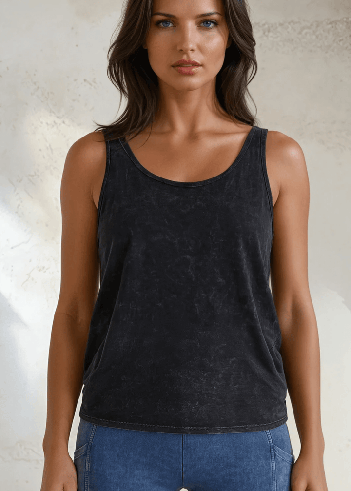 Twenty Four Seven Tank Top | Women's Sustainable and durable premium America-made cotton tank top, in Mineral Washed Vintage Black, Wide Round Neck, Loose Fit, Made with USA grown cotton