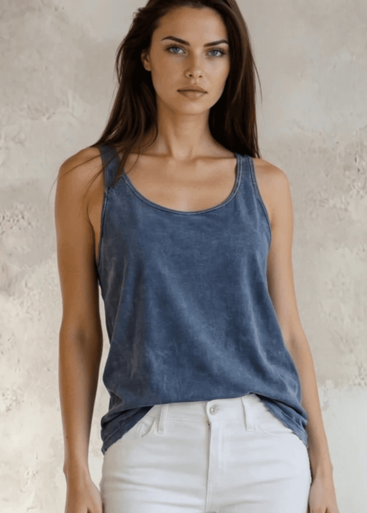 Twenty Four Seven Tank Top | Women's Sustainable and durable premium America-made cotton tank top, in Mineral Washed Vintage Gray Blue Denim, Wide Round Neck, Loose Fit, Made with USA grown cotton