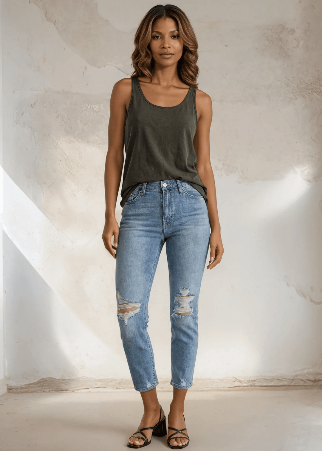 Twenty Four Seven Tank Top | Women's Sustainable and durable premium America-made cotton tank top, in Mineral Washed Vintage Dark Moss Green, Wide Round Neck, Loose Fit, Made with USA grown cotton