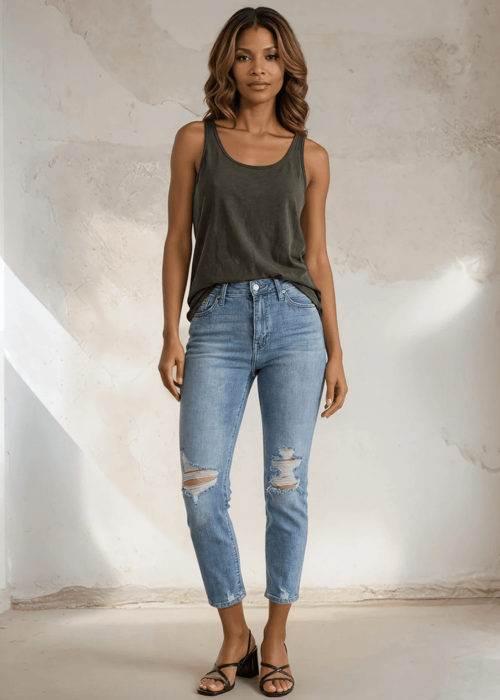 Twenty Four Seven Tank Top | Women's Sustainable and durable premium America-made cotton tank top, in Mineral Washed Vintage Dark Moss Green, Wide Round Neck, Loose Fit, Made with USA grown cotton