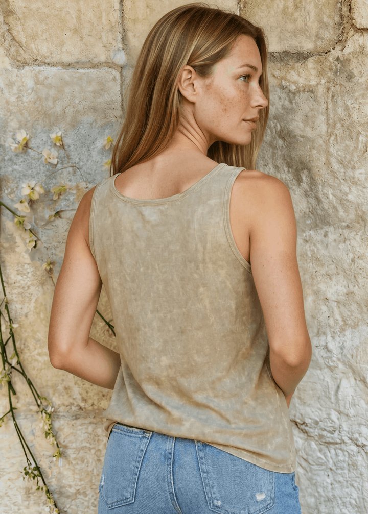 Twenty Four Seven Tank Top | Women's Sustainable and durable premium America-made cotton tank top, in Mineral Washed Vintage Desert Taupe, Wide Round Neck, Loose Fit, Made with USA grown cotton