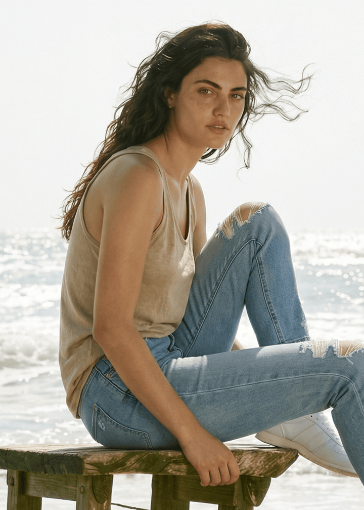 Twenty Four Seven Tank Top | Women's Sustainable and durable premium America-made cotton tank top, in Mineral Washed Vintage Desert Taupe, Wide Round Neck, Loose Fit, Made with USA grown cotton