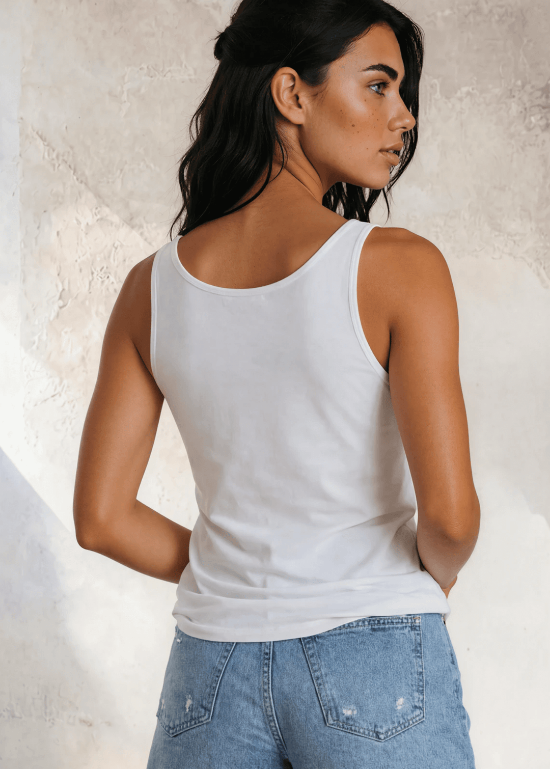 Twenty Four Seven Tank Top | Women's Sustainable and durable premium America-made cotton tank top, in Garment Washed White, Wide Round Neck, Loose Fit, Made with USA grown cotton