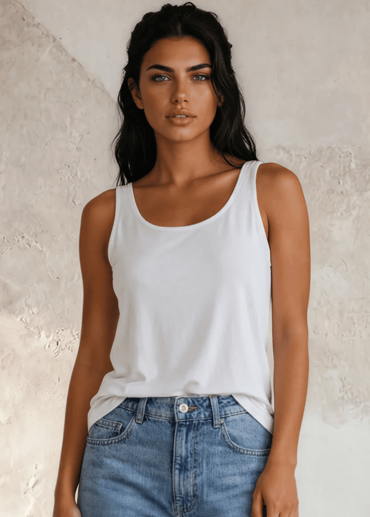 Twenty Four Seven Tank Top | Women's Sustainable and durable premium America-made cotton tank top, in Garment Washed White, Wide Round Neck, Loose Fit, Made with USA grown cotton