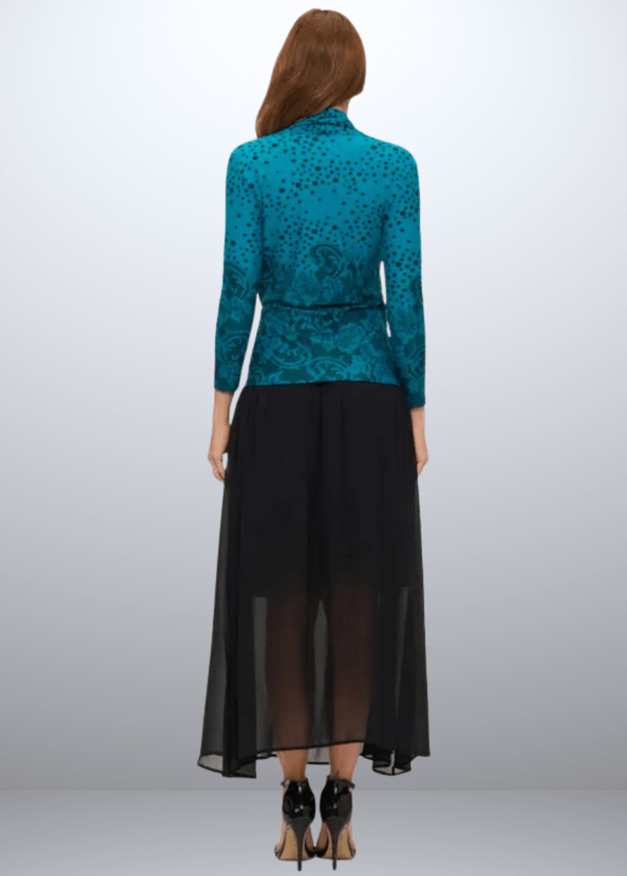 Made in USA Women's Mixed Print Jersey Surplice Wrap Top, Rich Teal Color with Black Print, Mixed Polka Dot and Floral Print, V-Neck, Stretchy Jersey Material | Renee C Style  2209TPZ