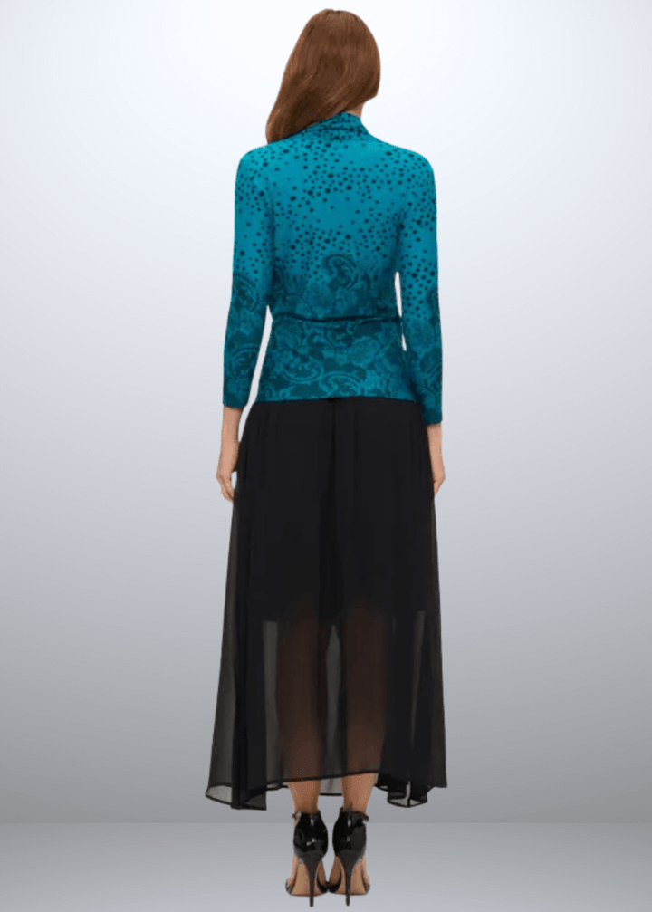 Made in USA Women's Mixed Print Jersey Surplice Wrap Top, Rich Teal Color with Black Print, Mixed Polka Dot and Floral Print, V-Neck, Stretchy Jersey Material | Renee C Style  2209TPZ