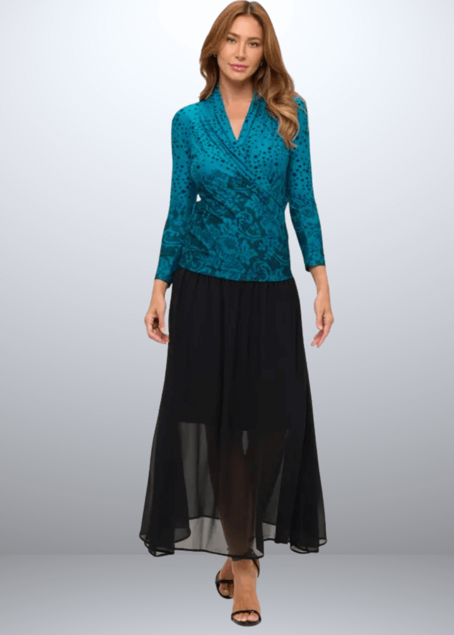 Made in USA Women's Mixed Print Jersey Surplice Wrap Top, Rich Teal Color with Black Print, Mixed Polka Dot and Floral Print, V-Neck, Stretchy Jersey Material | Renee C Style  2209TPZ