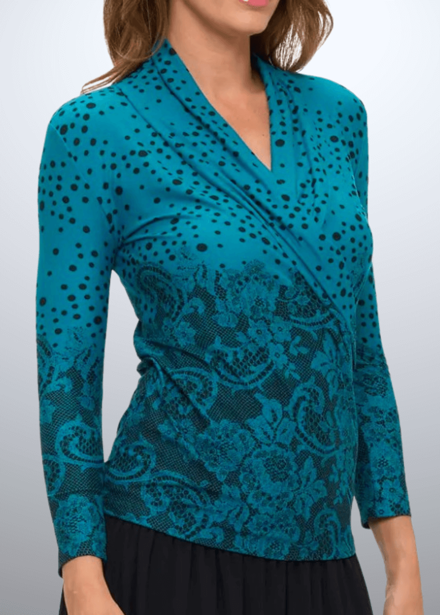 Made in USA Women's Mixed Print Jersey Surplice Wrap Top, Rich Teal Color with Black Print, Mixed Polka Dot and Floral Print, V-Neck, Stretchy Jersey Material | Renee C Style  2209TPZ