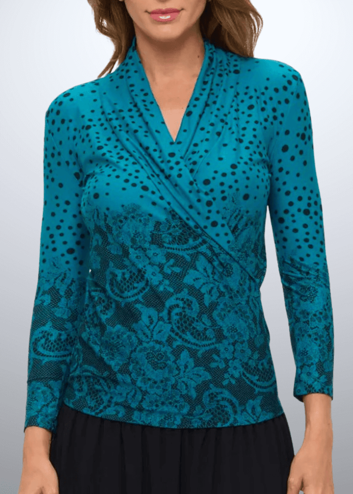 Made in USA Women's Mixed Print Jersey Surplice Wrap Top, Rich Teal Color with Black Print, Mixed Polka Dot and Floral Print, V-Neck, Stretchy Jersey Material | Renee C Style  2209TPZ