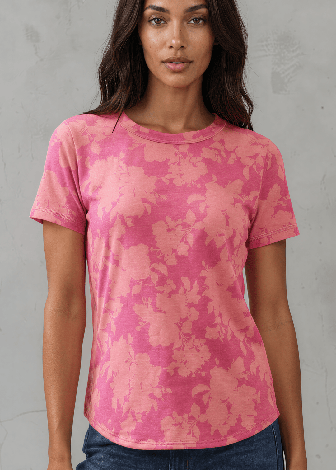 Fuchsia Floral Fashion Tee. Tonal watercolor hibiscus print, soft stretch knit, crew neck, regular fit. Bold &amp; feminine. Made in USA. Sizes S–XL.
