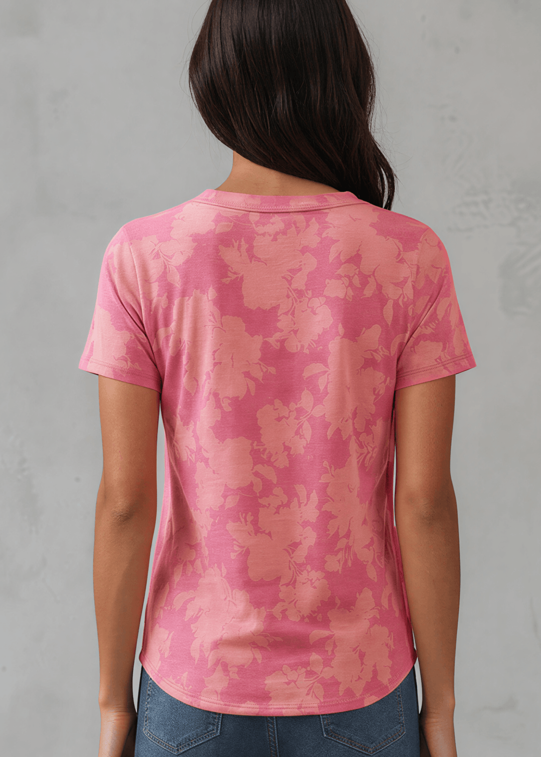 Fuchsia Floral Fashion Tee. Tonal watercolor hibiscus print, soft stretch knit, crew neck, regular fit. Bold &amp; feminine. Made in USA. Sizes S–XL.
