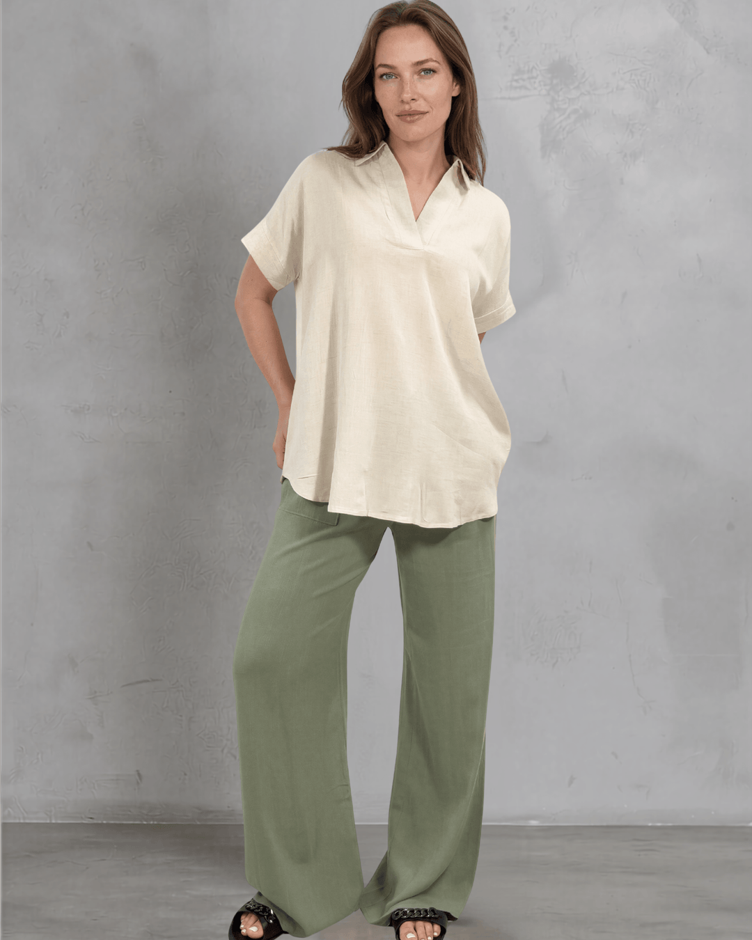 Effortlessly chic linen blend collared top in Natural. Relaxed oversized fit, V-neck, short sleeves. Made in USA. Perfect for summer &amp; resort wear.