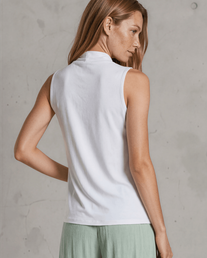 Nikki Cowl Neck Jersey Top in White. Soft rayon-spandex, draped cowl neck, semi-fitted, sleeveless. Polished &amp; versatile. Made in USA. Sizes S–L.