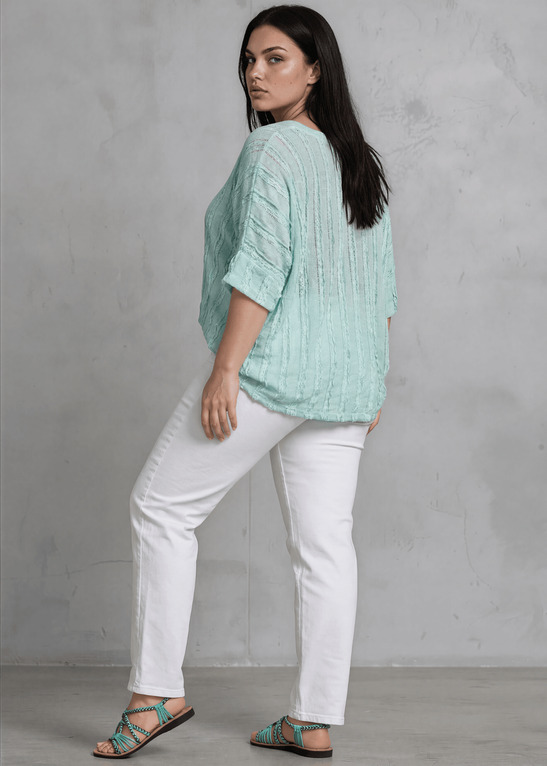 Shop the Plus Size Laurel Textured Top in Aqua Blue — a relaxed oversized v-neck with striped lace effect, contrast sleeve bands &amp; side slit. Made in USA.