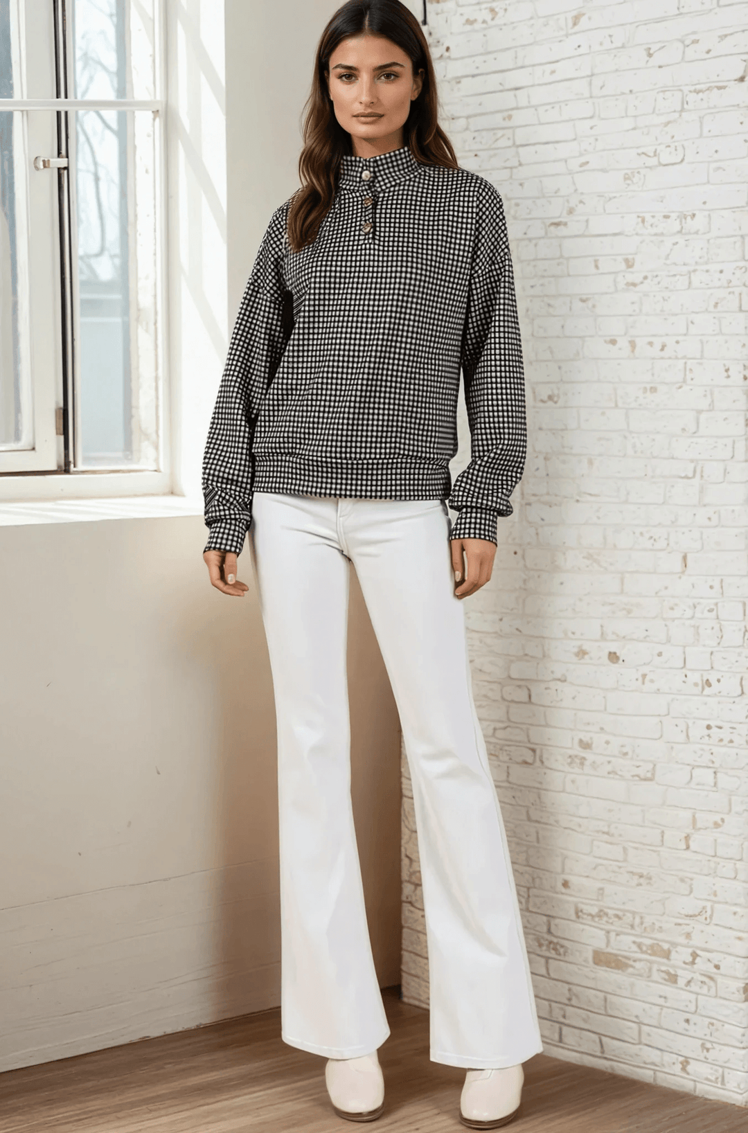 Made in USA Joanna Women's Checkered Button Collar Pullover in Black , Mock Neck with 3 Button Down Collar, Relaxed Fit in Black | Classy Cozy Cool Made in America Boutique