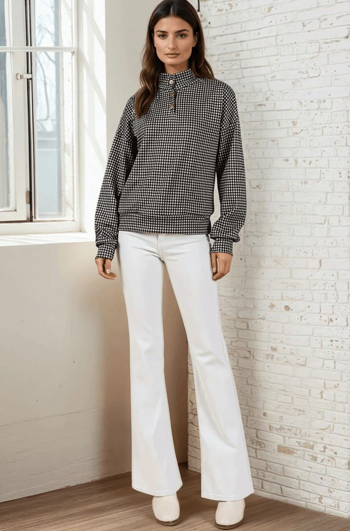 Made in USA Joanna Women's Checkered Button Collar Pullover in Black , Mock Neck with 3 Button Down Collar, Relaxed Fit in Black | Classy Cozy Cool Made in America Boutique