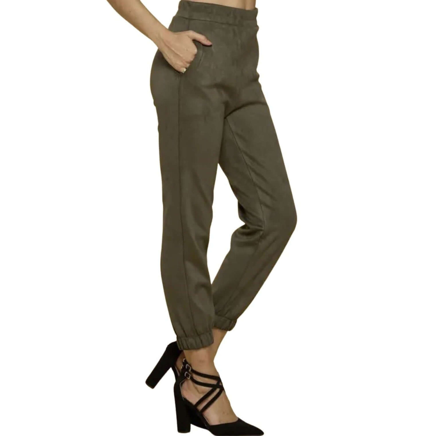USA Made Olive Suede Jogger Style Pants Side Pockets Heavy Weight Suede Material Pull on Style with Elastic Waist | Renee C Style# 4122PTB