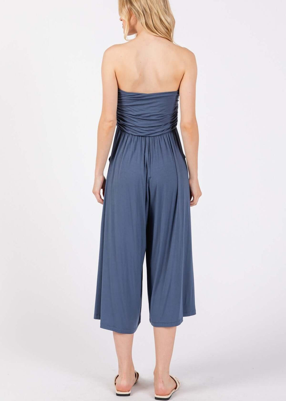 Effortlessly chic — the Modern Navy Tube Top Romper with ruched bodice, wide-leg capri pants & side pockets. Soft rayon modal. Made in USA.